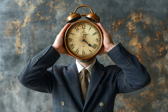 The manager holds a watch in front of his face.