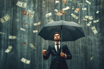 Successful businessman under an umbrella, it is raining dollars