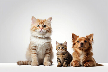 Banner with a cat and a dog looking up, isolated on white background