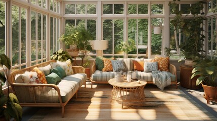 Fototapeta premium Inviting Traditional Elegance: A Cozy Sunroom Infused with Timeless Charm - AI-Generative
