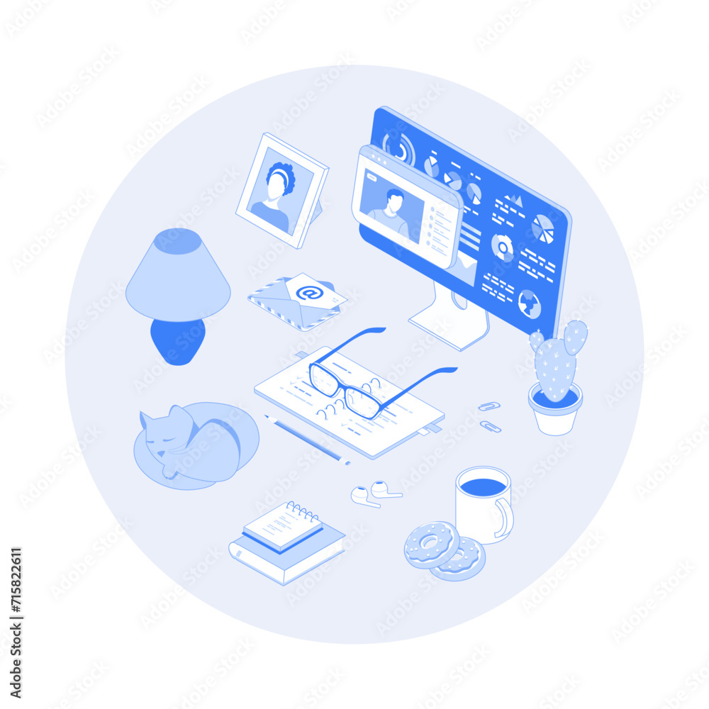 Poster home working. remote workplace. freelancing concept. visual online communication via video conferenc
