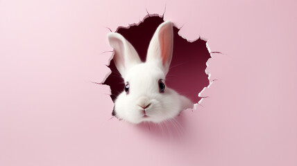 White rabbit with fluffy ears peeking out of hole in pink wall; torn out hole 