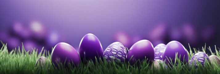  purple pile of easter eggs on an grass background with room for copy space 