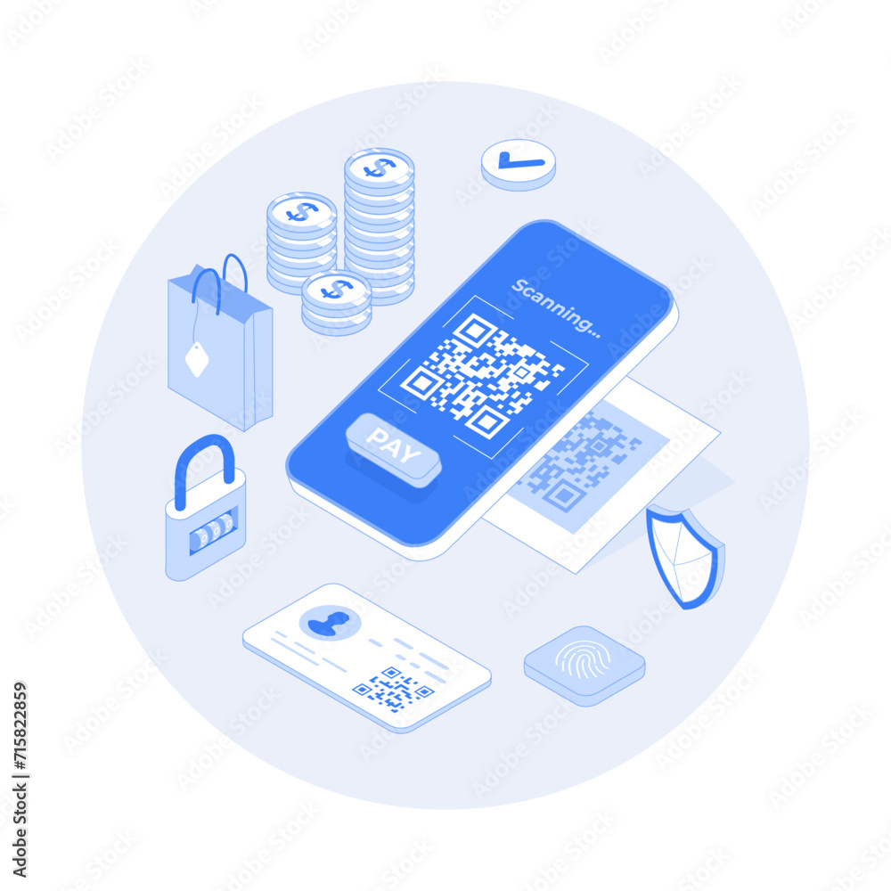 Poster qr code payment. mobile phone scans qr code. barcode on smartphone screen. fast cashless payments fo