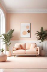 Modern living room interior with sofa and plants in light peach colour, pantone