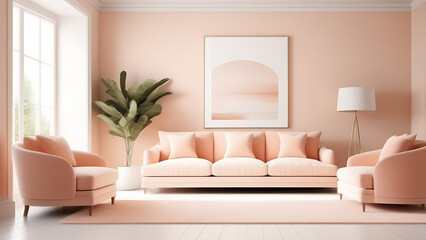 Modern living room interior with sofa, armchairs,lamp and plants in light peach colour, pantone
