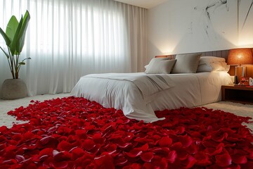 Luxurious Modern Bedroom Adorned with Vibrant Red Petals