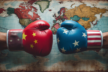 Two hands in boxing gloves with the flag of China and the USA