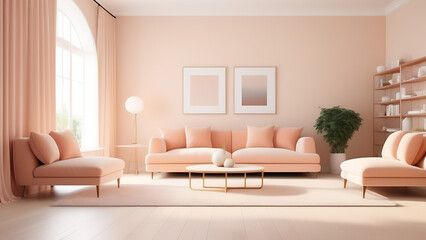 Modern living room interior with sofa, table, picture, lamp and plants in light peach colour, pantone