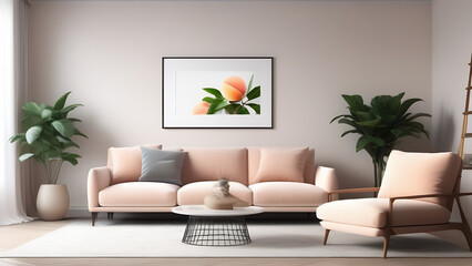 Modern living room interior with sofa,armchair and plants in light peach colour, pantone