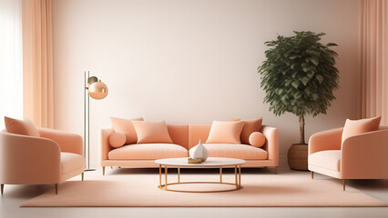 Modern living room interior with sofa,armchair and plants in light peach colour, pantone