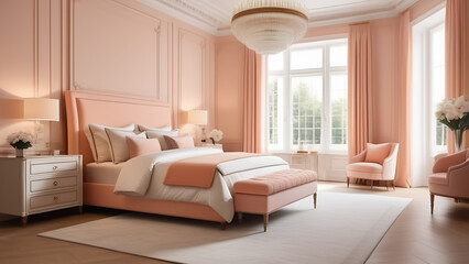 Modern bedroom interior in light peach colour, pantone
