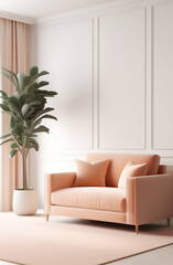 Modern living room interior with sofa and plants in light peach colour, pantone