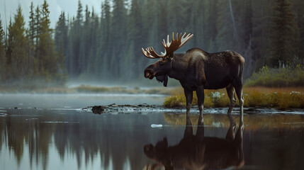 bull moose in at a lake in a national park 