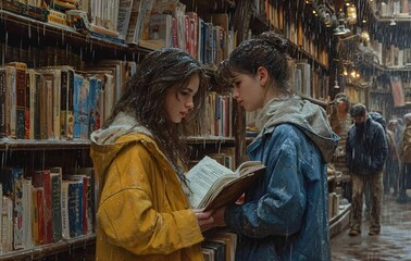 Bookworms in Yellow: A Rainy Day at the Library Generative AI