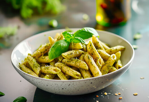 Penne pasta with pesto sauce and basil in a bowl, on top of a table, with olive oil in the background