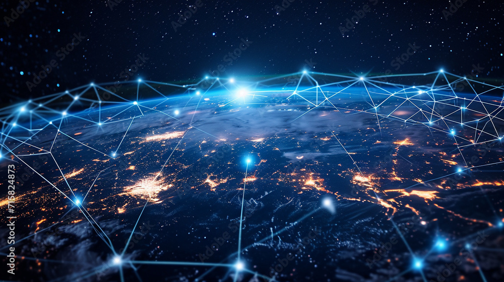 Poster a satellite view of a connected world with digital lines linking cities, network, dynamic and dramat