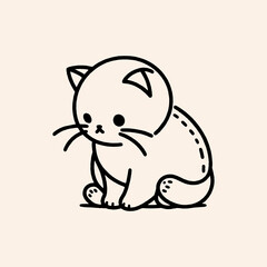 Adorable Cute Cat Sitting Pose Vector Line Drawing Illustration