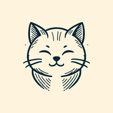 Adorable Cute Cat Face Closeup Vector Line Drawing Illustration
