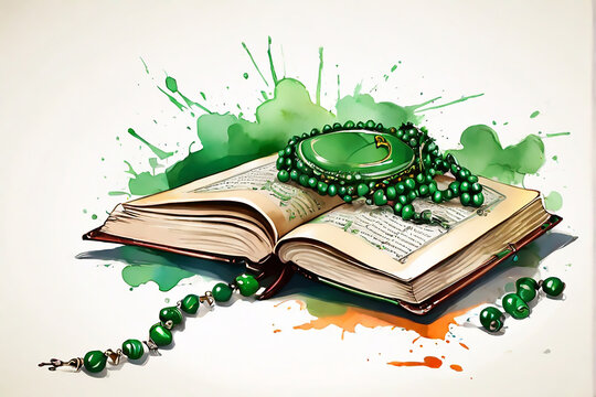 Islamic Holy Book Quran Shareef With Arabic Lantern Hang And Green Brush Stroke Effect On White Background For Muslim Community Festival Celebration.
