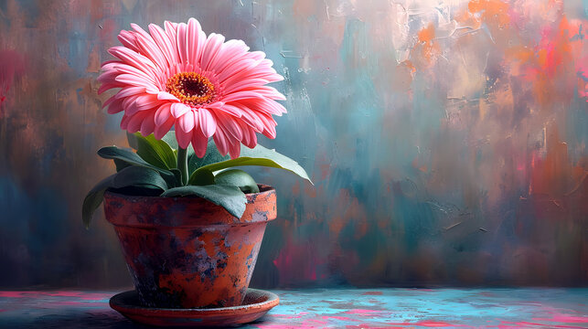 A gerbera flower in a pot on a table. Ai generated.