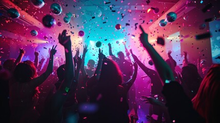 party people in a nightclub with neon lights happy dancing and celebrating birthday - obrazy, fototapety, plakaty