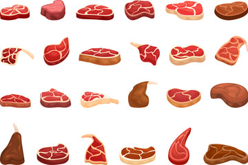 Lamb chop icons set cartoon vector. Meat product. Cooking raw grilled - obrazy, fototapety, plakaty