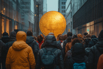 A crowd of people follows gold bitcoins along a city street