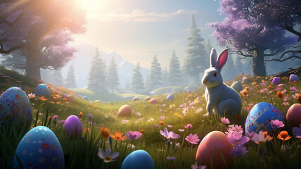 A haze sits in the sunlight or beams in a meadow of a easter wallpaper with easter eggs  - obrazy, fototapety, plakaty
