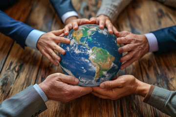 A group of business people holding a planet earth globe together - obrazy, fototapety, plakaty