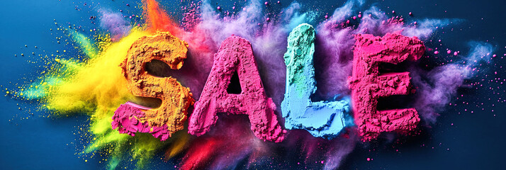 word sale on colorful background, made explosion of colorful powder, Dynamic Sale Announcement with Vibrant Holi Powder Burst, Promotional Events, Birthdays, and Holiday Discounts on black.