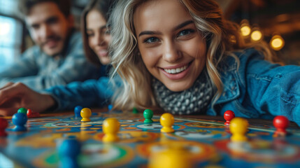 Close-up of a group of friends playing board games at home