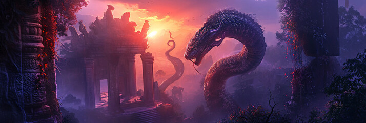 A Majestic Naga Serpent Coiling Around an Ancient Temple Ruins at Sunset, Symbolizing Mystery and Ancient Lore - obrazy, fototapety, plakaty