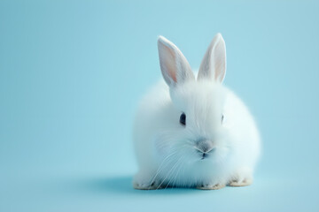 Easter Celebration with an Adorable White Bunny on Soft Blue Background
