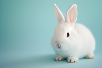Easter Celebration with an Adorable White Bunny on Soft Blue Background