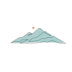 Abstract mountain range landscape, blue background. Simple line drawing of mountains peak, sun shape. Modern one line nature illustration. Vector wallpaper for icon, logo, travel poster, tourism card - 715826447