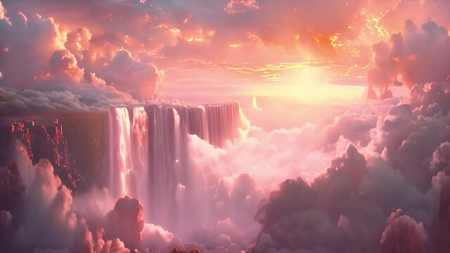 Heaven landscape. Magical landscape in heaven with pink clouds and waterfall flowing. Flying land with beautiful landscape, Fantasy world fairy tale beauty