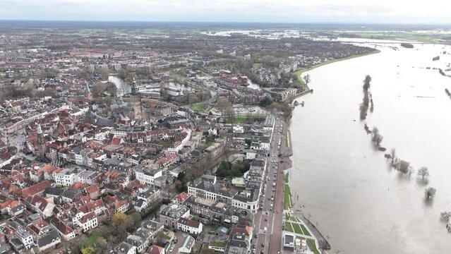 City center downtown of Zutphen urban city view, located along the river Ijssel in Gelderland, the Netherlands. Birds eye aerial overview.