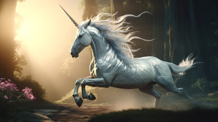 Obraz na płótnie Canvas side view of a unicorn running, cinematic scene, profile view of unicorn created with Generative Ai