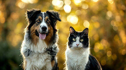 Naklejka na ściany i meble Dog and Cat Together in Golden Autumn Light, Animal Companionship