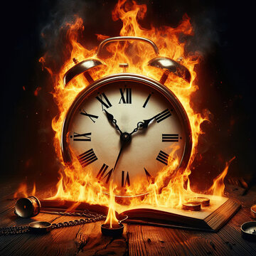 Vintage alarm clock is burning on wooden floor. Time is burning out, concept.