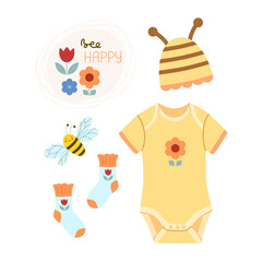 Cute clothes for photo shooting newborn baby girl: yellow short-sleeve bodysuit with flower, hat with bee horns, ruffle socks. Vector illustration in flat style on white isolated background.