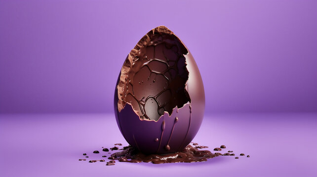 A half eaten chocolate easter egg on an isolated purple background 
