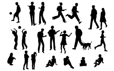 Silhouettes men, women, teenagers and children standing, walking, sitting, with dog, black color, vector, group rest people, students, design concept of flat icon, isolated on white background