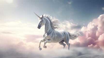Naklejka na ściany i meble side view of a unicorn running, cinematic scene, profile view of unicorn created with Generative Ai