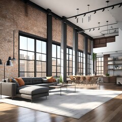 an American loft apartment, with industrial accents, open floor plan, and floor-to-ceiling windows offering urban views 