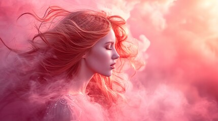 Unrealistic picture of a woman with long, flowing red hair in a pink smoky backdrop, Generative AI. - obrazy, fototapety, plakaty