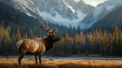 bull elk in the mountains - obrazy, fototapety, plakaty