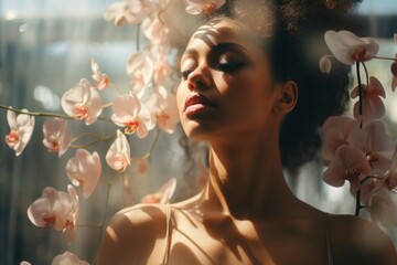 Portrait of a tranquil woman amidst orchids, bathed in warm light.