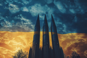 Silhouettes of rockets against the background of the flag of Ukraine